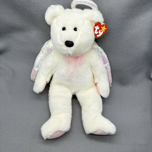 Halo Teddy Bear Angel 1999 Wings Pink Ribbon 14" Plush Toy Vtg TY Beanie Buddy - Picture 2 of 11